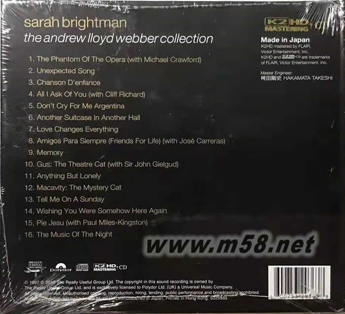The Andrew Lloyd Webber Collection 莎拉布萊曼演繹韋伯經典名曲 K2HD專輯背面圖片