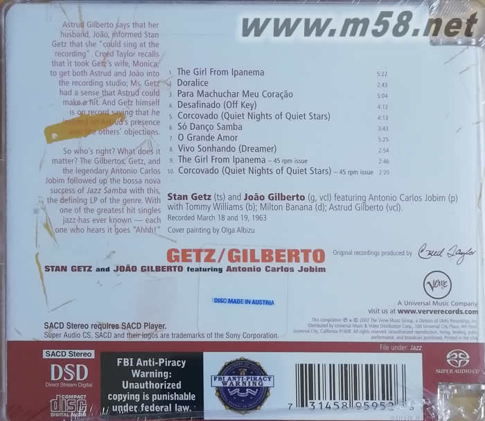 Getz/Gilberto SACD(僅限SACD機播放)專輯背面圖片