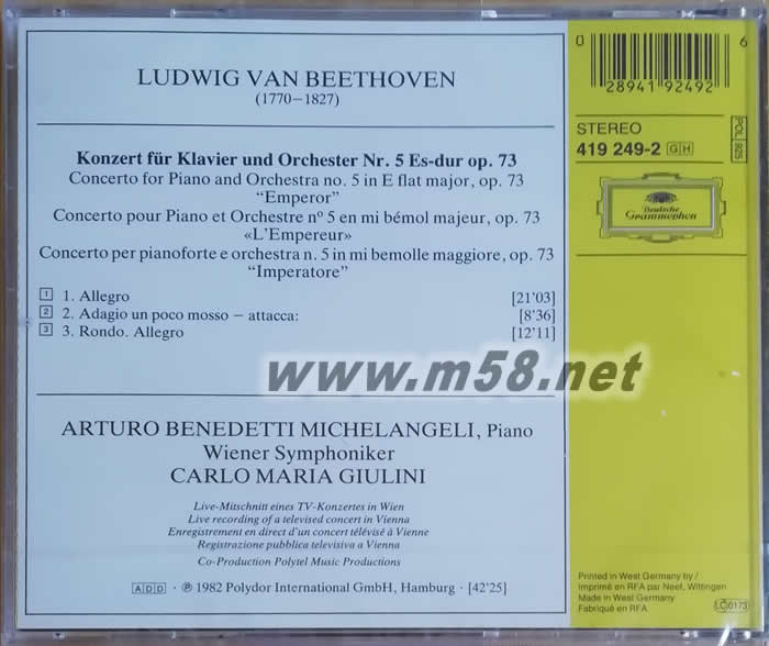 貝多芬 第五鋼琴協奏曲(皇帝鋼琴協奏曲) 米凱蘭杰利BEETHOVEN KLAVIERKONZERT NO.5 EMPEROR專輯背面圖片