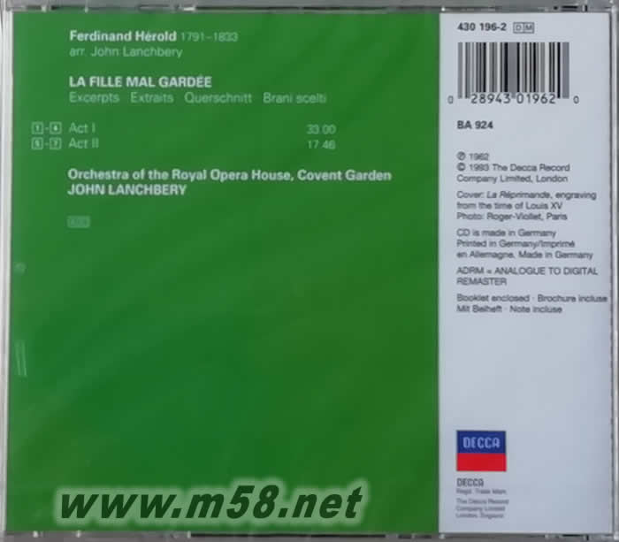 園丁的女兒 LA FILLE MAL GARDEE 奶媽(古典愛好者必備)專輯背面圖片