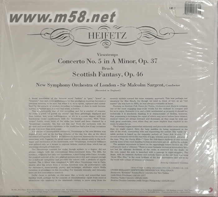 布拉克:蘇格蘭幻想曲&Sir Malcolm Sargent - Bruch: Scottish Fantasy & Vieuxtemps: Concerto No. 5 黑膠專輯背面圖片