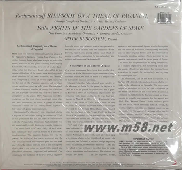 拉赫瑪尼諾夫:帕格尼尼主題狂想曲&法雅:西班牙花園之夜Rhapsody On A Theme Of Paganini & Falla: Nights In The Gardens Of Spain 180g 33RPM LP 黑膠專輯背面圖片