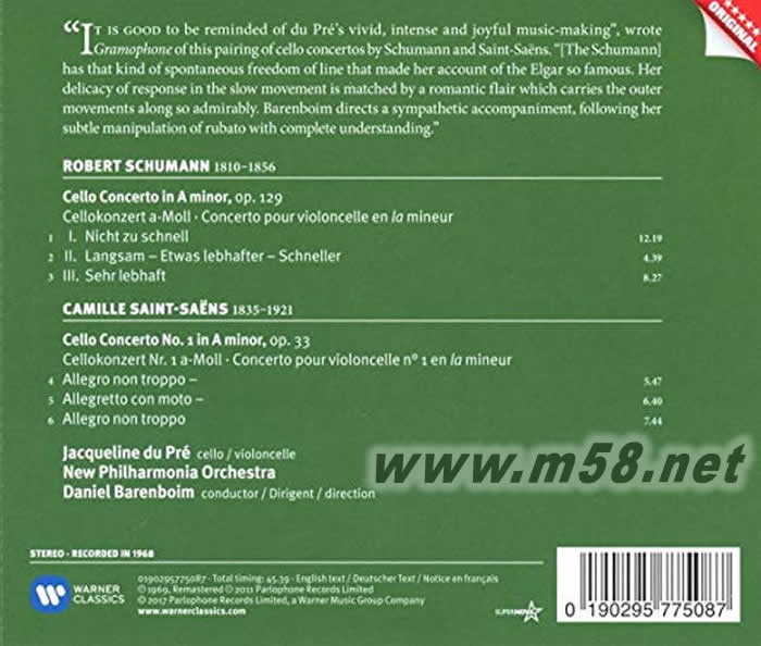 舒曼 圣桑大提琴協奏曲Schumann: Cello Concerto專輯背面圖片