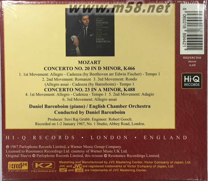 莫扎特 鋼琴協奏曲MOZART : PIANO CONCERTOS NO.20 & 23 XRCD24專輯背面圖片
