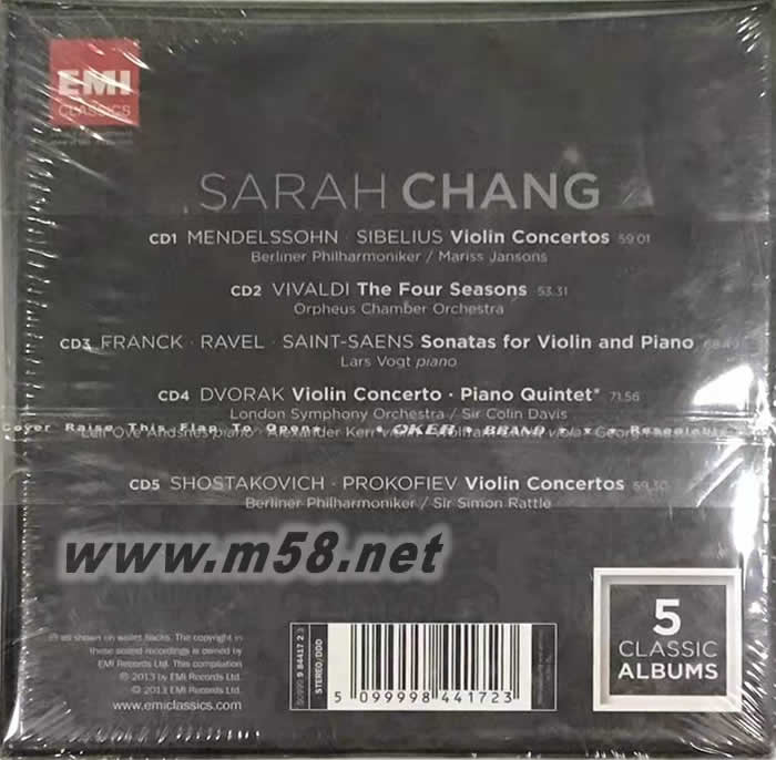 Classic Albums - Sarah Chang小提琴張莎拉經典超值限量盒 5CD專輯背面圖片