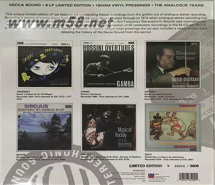 迪卡之聲 DECCA SOUND 6 CLASSIC ANALOGUE LPS 180g 33RPM LP(6黑膠大套裝)限量豪華版 黑白封面黑膠背面圖片