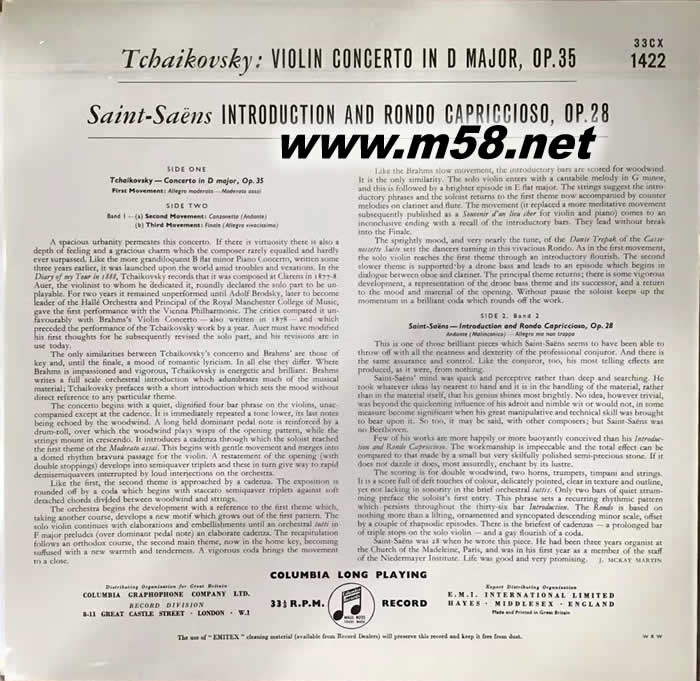 TCHAIKOVSKY :VIOLIN CONCERTO 柴可夫斯基 小提琴協奏曲 圣桑 黑膠專輯背面圖片