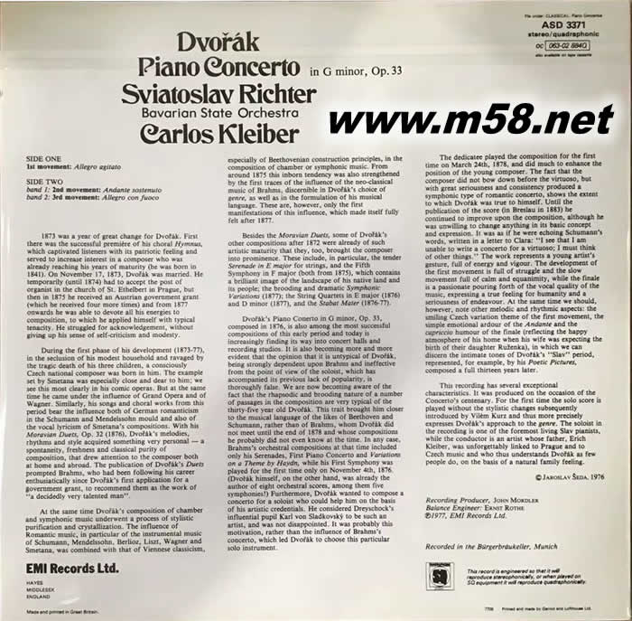 德弗札克: 鋼琴協(xié)奏曲 DVORAK PIANO CONCERTO 180g 33RPM LP 黑膠專輯背面圖片