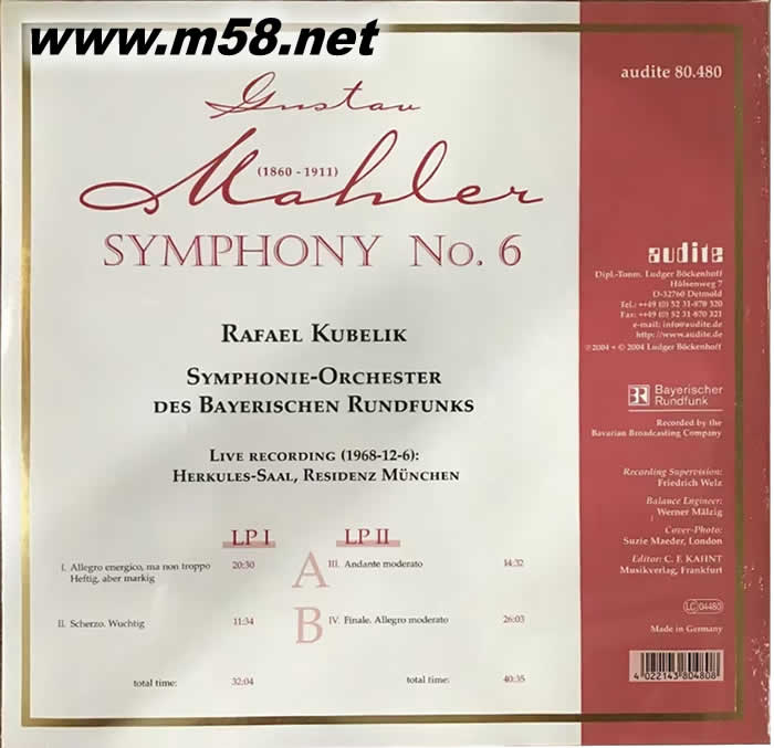 馬勒第6交響曲 GUSTAV MAHLER : SYMPHONY NO.6庫貝力克指揮 黑膠專輯背面圖片