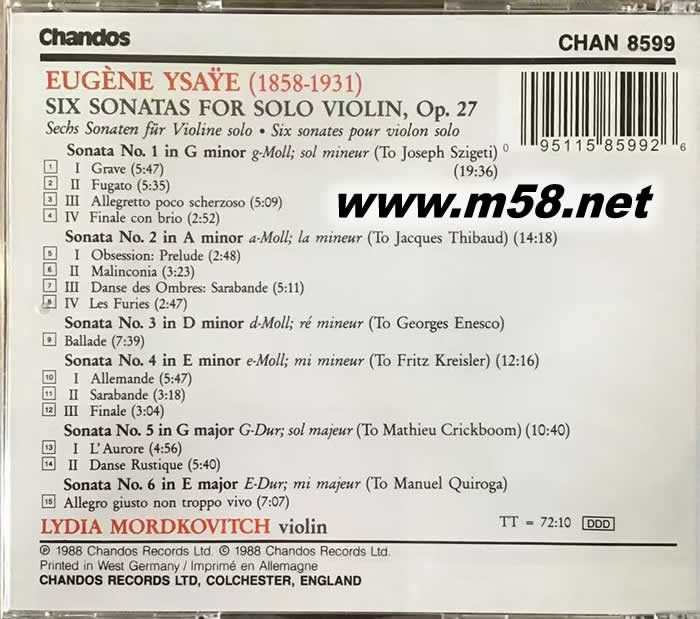 LYDIA MORDKOVITCH 意沙易 小提琴奏鳴曲 SONATAS FOR SOLO VIOLIN(粉紅封面)專輯背面圖片