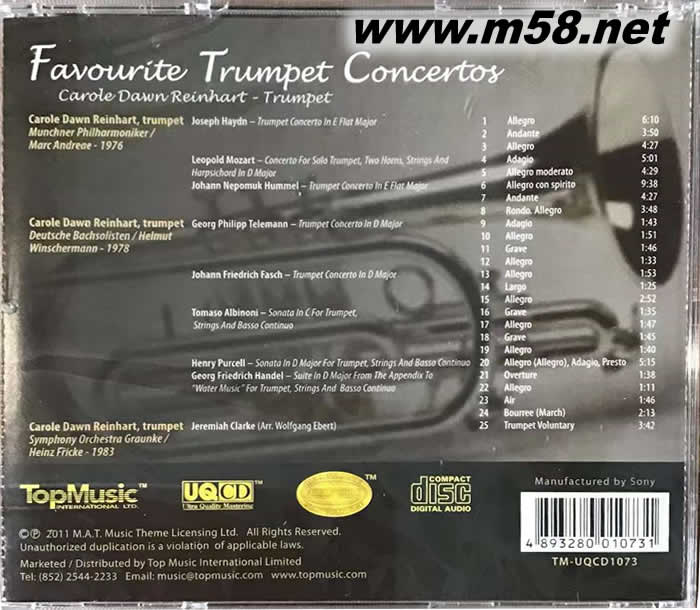小號(hào)協(xié)奏曲精華集 FAVOURITE TRUMPET CONCERTOS UQCD專輯背面圖片