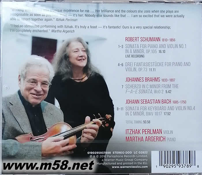 阿格里奇 帕爾曼 - 舒曼 巴赫 勃拉姆斯 (鋼琴與小提琴) SCHUMANN BACH BRAHMS專輯背面圖片