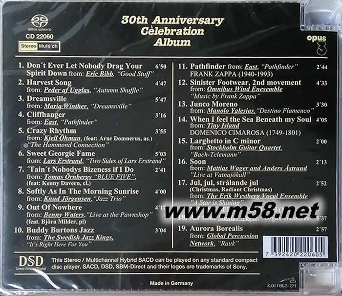 30TH ANNIVERSARY CELEBRATION ALBUM 三十周年發燒寶鑒薩 SACD(瑞典OPUS 3 發燒工作室)專輯背面圖片
