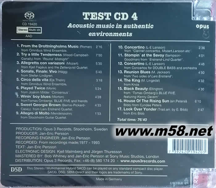 TEST CD 4 作品NO.4 (瑞典OPUS 3 發燒3號工作室) SACD 劉漢盛推介專輯背面圖片