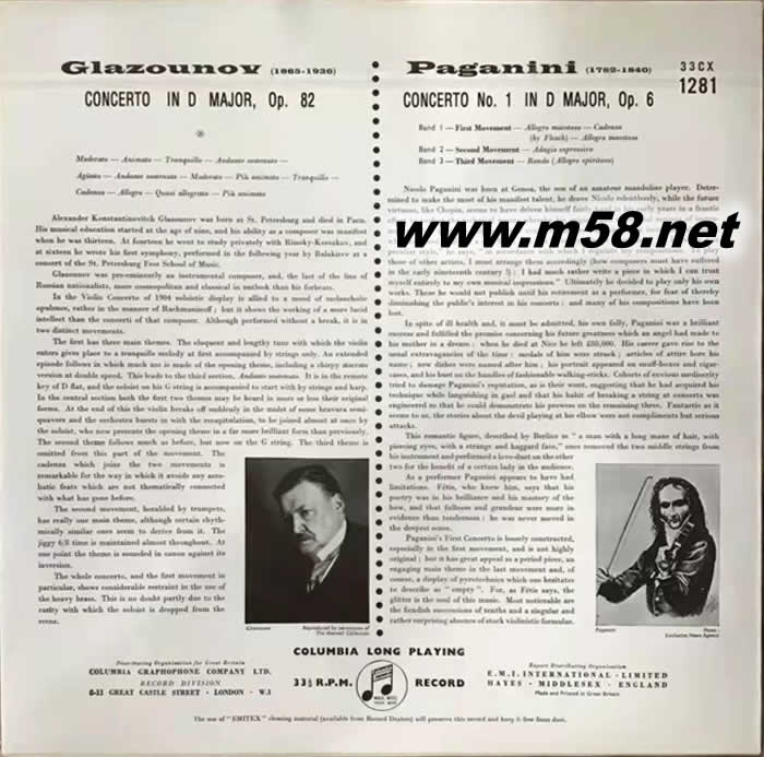 COLUMBIA 格拉佐諾夫,帕格尼尼 小提琴協(xié)奏曲 GLAZOUNOV VIOLIN CONCERTO NO.1 黑膠專輯正面圖片