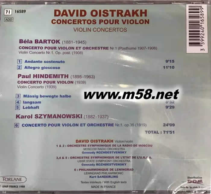 Bartok/ Hindemith/ Szymanowski: Violin Concertos 巴爾托克/亨德密特 / 席曼諾夫斯基: 小提琴協奏曲專輯背面圖片