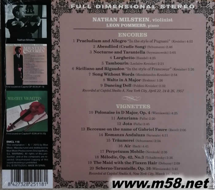 ENCORES & VIGNETTES小提琴精選集 立體聲名盤(TAS專業(yè)推介發(fā)燒名盤)專輯背面圖片