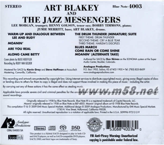架子鼓 BLUE NOTE 4003 爵士信差樂團 呻吟 混合層立體聲 SACD專輯背面圖片