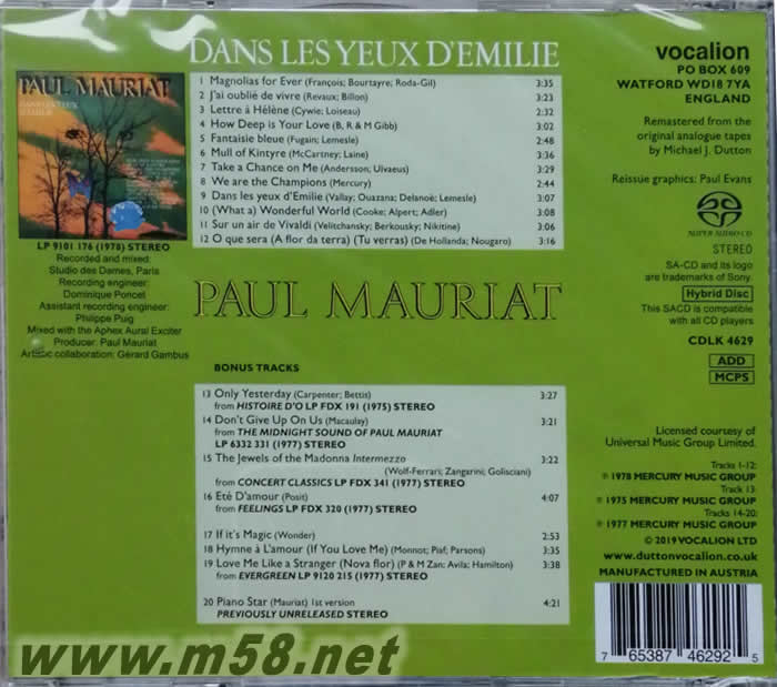 真情至愛 DANS LES YEUX D EMILI SACD專輯背面圖片