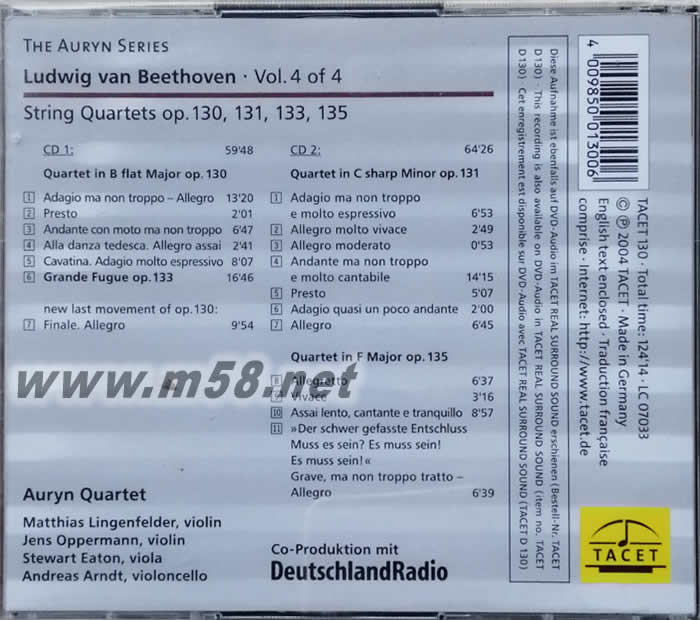 貝多芬:弦樂四重奏 OP 130,131 133 135 雙CD Beethoven :String Quartets 4專輯背面圖片