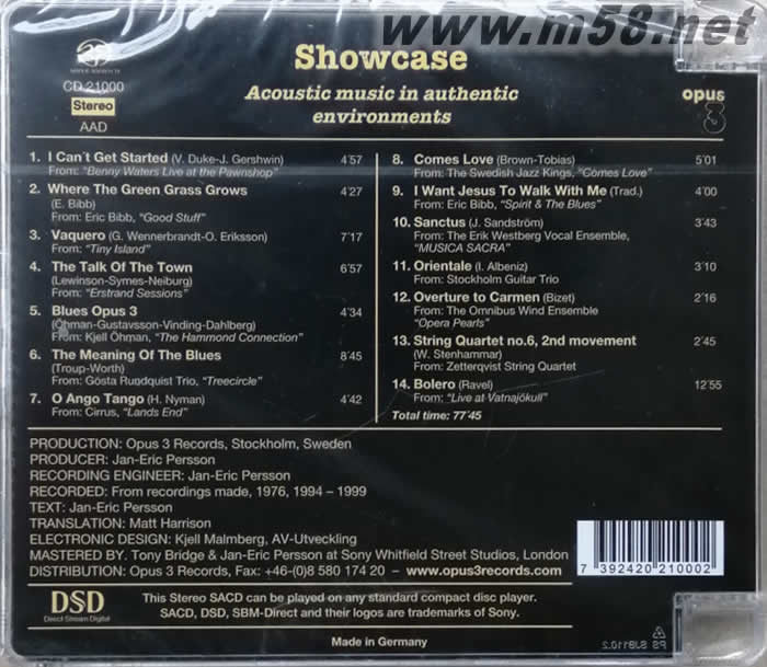 TEST CD 5 作品NO.5 SHOWCASE(瑞典OPUS 3 發燒工作室) SACD2020新封底背面圖片