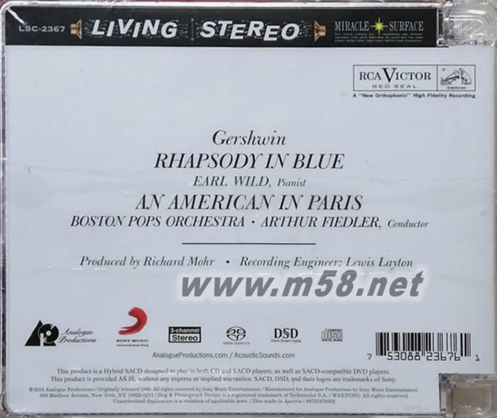 格什溫:藍色狂想曲 Arthur Fiedler - Gershwin: Rhapsody in Blue Hybrid Multichannel (Living Stereo 立體聲名盤 SACD )專輯背面圖片