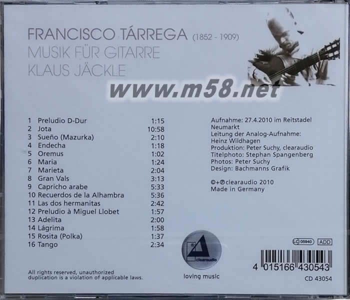 FRANCISCO TARREGA : MUSIK FUR GITARRE近代吉他音樂之父 嚴選100專輯背面圖片
