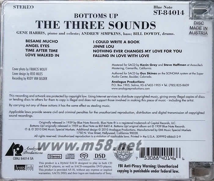 爵士鋼琴大師三人行The Three Sounds - Bottoms Up! 鋼琴、貝斯、鼓 爵士三重奏 SACD專輯背面圖片