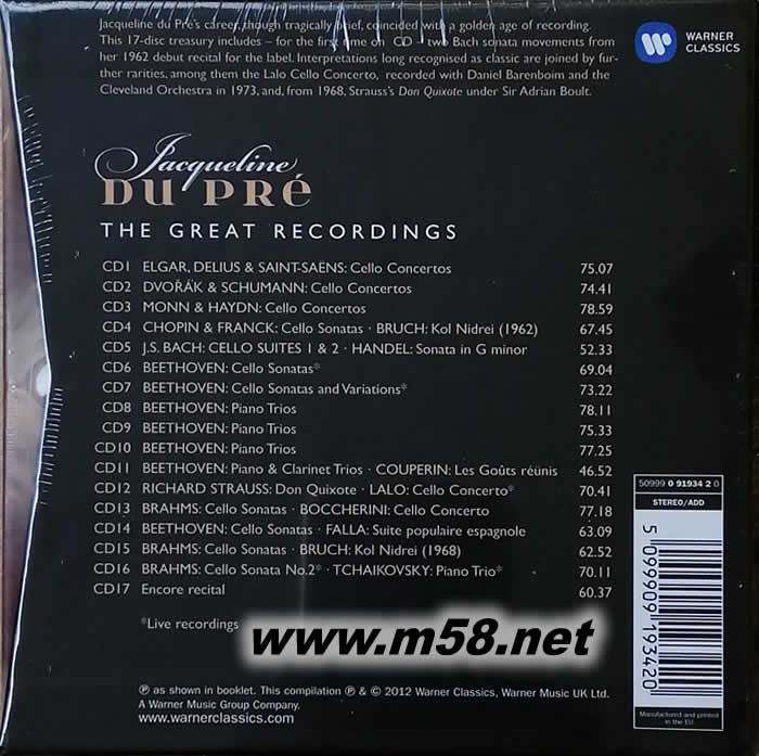 JACQUELINE DU PRE THE COMPLETE EMI RECORDINGS 杜普蕾/EMI錄音全紀錄(17CD套裝)套裝背面圖片