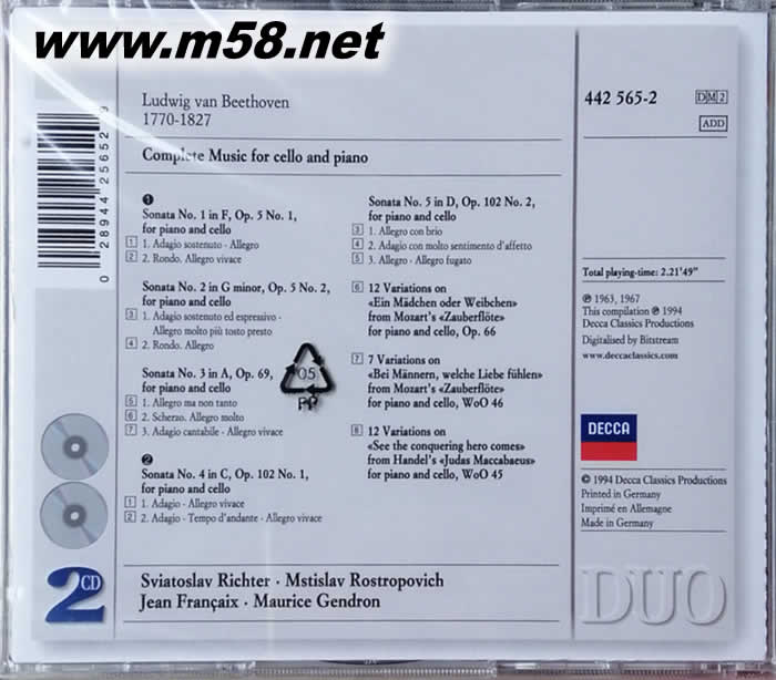 大提琴與鋼琴BEETHOVEN COMPLETE MUSIC FOR CELLO AND PIANO(白色封面雙CD)專輯背面圖片