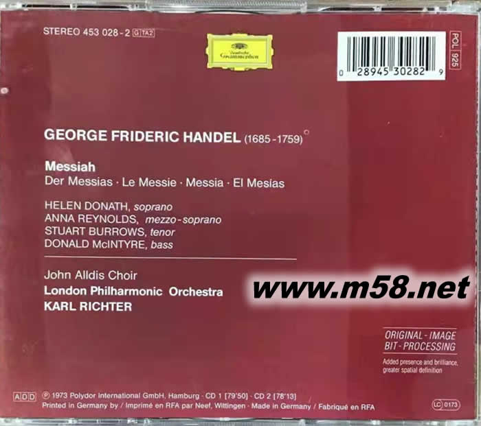 卡爾·李希特 - 亨德爾:彌賽亞Karl Richter - Handel: Messiah雙碟專輯背面圖片