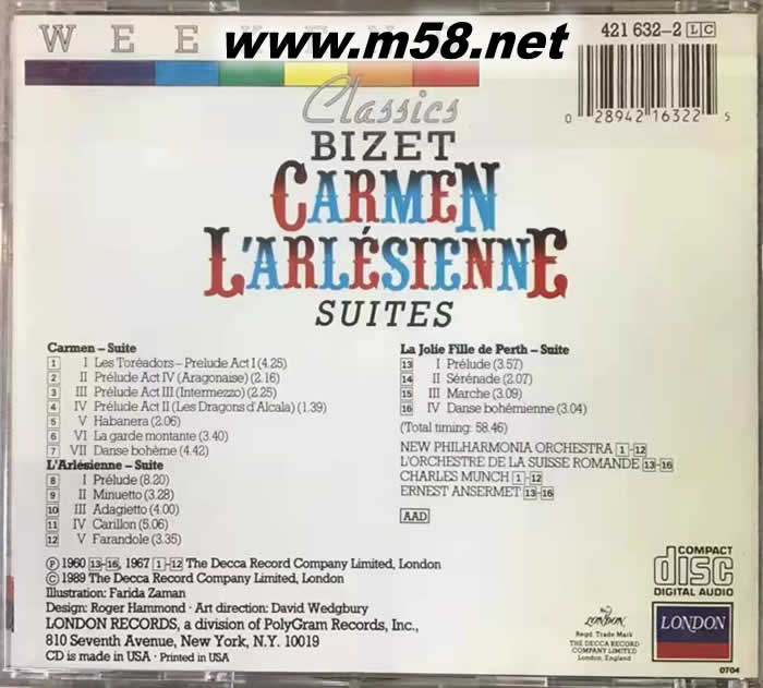 比才 卡門組曲、阿萊城姑娘組曲 CLASSICS BIZET CARMEN LARLESIENNE專輯背面圖片