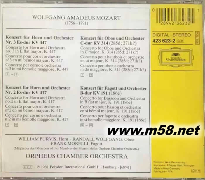 莫扎特:No.2 & 3圓號協奏曲 William Purvis - Mozart: Concerto for Horn and Orchestra No.2 & 3專輯背面圖片