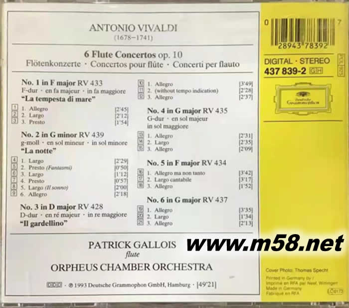 維瓦爾弟長笛協奏曲 VIVALDI 6 FLUTE CONCERTOS OP.10專輯背面圖片