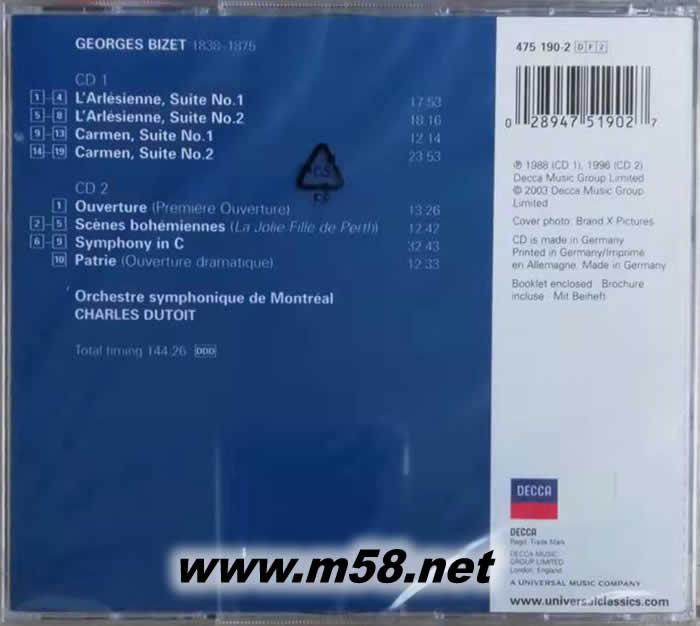 查爾斯·迪圖瓦 - 比才:阿萊城姑娘組曲 & 卡門組曲 CARMEN SUITES SYNPHONY IN C 雙CD專輯背面圖片
