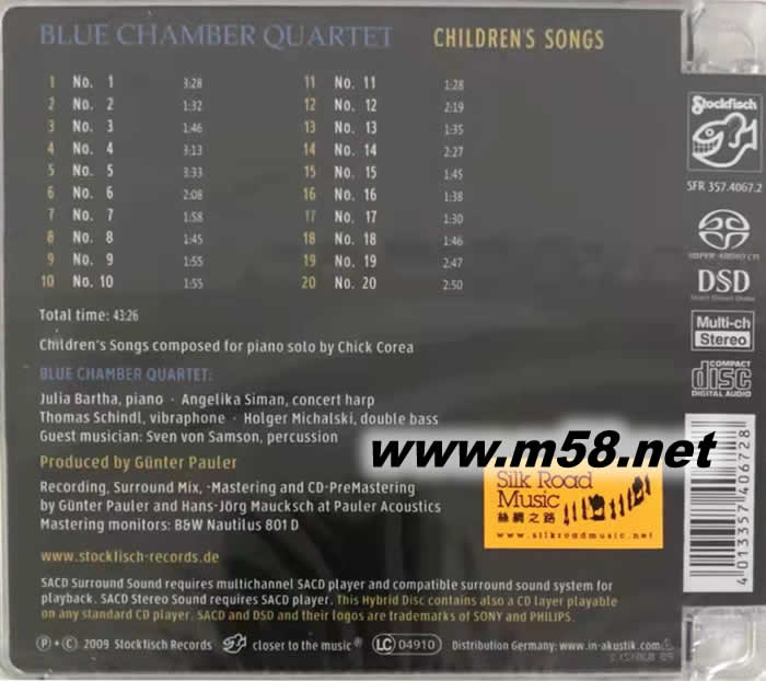 childrens songs 兒童之歌 藍色室樂四重奏 (爵士四重奏 鋼琴、豎琴、電子琴、大提琴)SACD專輯背面圖片