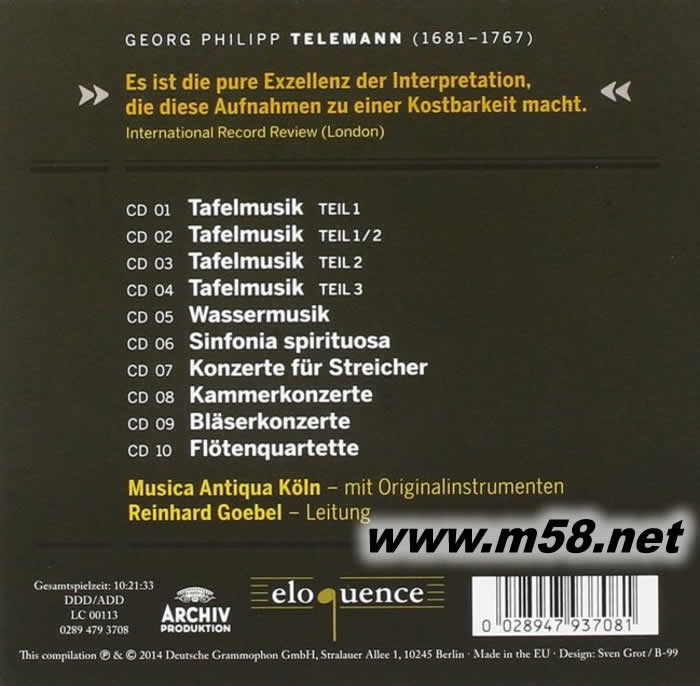 泰勒曼 水上音樂 宴席音樂 elemann Masterworks Tafelmusik Wassermusik 10CD套裝專輯背面圖片