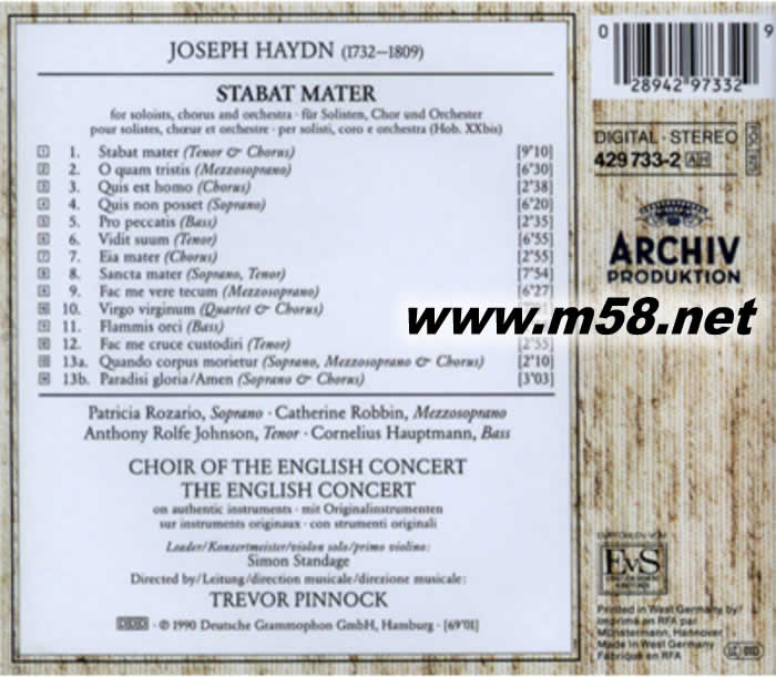 特雷沃 平諾克 - 海頓:圣母悼歌 Trevor Pinnock - Haydn: Stabat Mater專輯背面圖片
