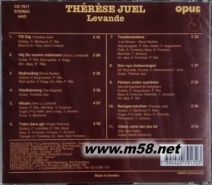瑟蕾莎 珠兒 - 情歌民謠 Therese Juel - Levande(OPUS 3 發(fā)燒工作室)專輯背面圖片