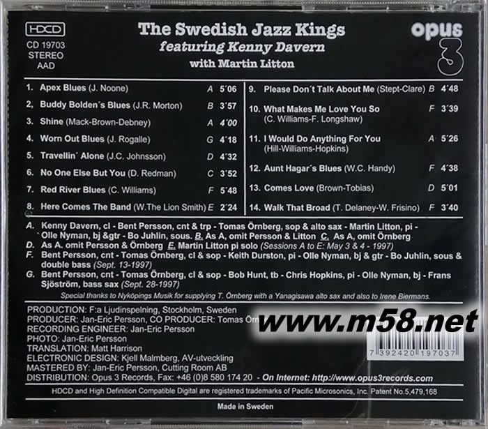 單簧管 THE SWEDISH JAZZ KINGS FEATURING KENNY DAVERN COMES LOVE 愛情來了 (瑞典OPUS 3 發(fā)燒工作室)HDCD專輯背面圖片