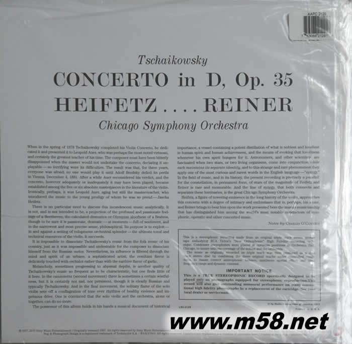Tchaikowsky: Violin Concerto 柴可夫斯基 小提琴協奏曲/海菲茲 180g 33RPM LP 黑膠專輯背面圖片