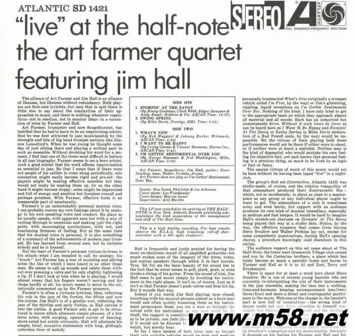 爵士四重奏 The Art Farmer Quartet: Live At The Half-Note 在半音符俱樂部的現場演出 (短號、小號、吉它、貝斯) 黑膠專輯背面圖片
