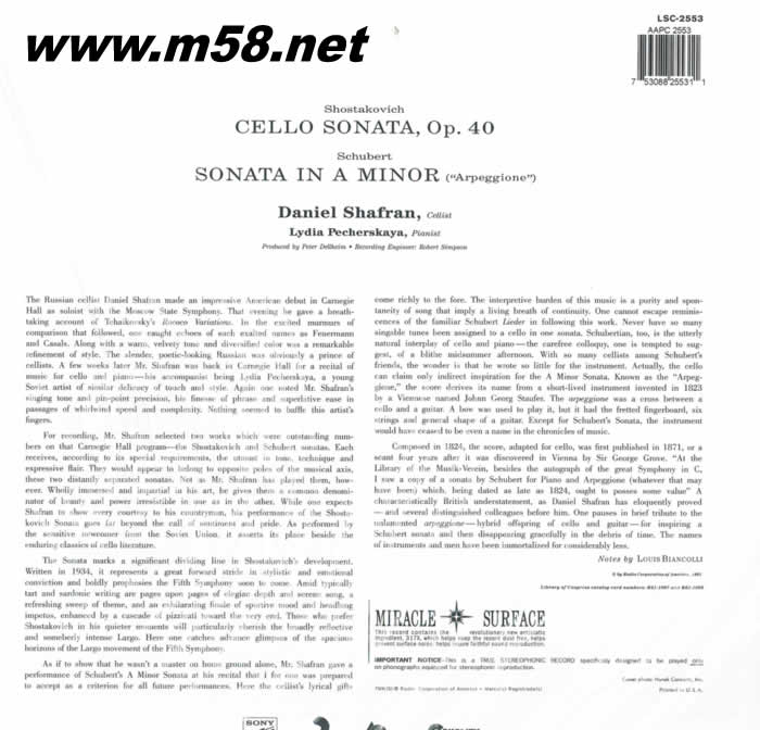 大提琴詩人 Daniel Shafran and Lydia Pecherskaya Shostakovich: Cello Sonata/ Schubert: “Arpeggione Sonata 黑膠專輯背面圖片