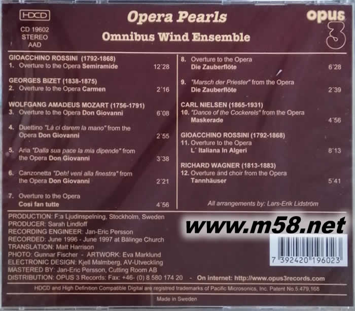 歌劇之珠玉 OPERA PERLS 奧姆尼布斯木管樂團 OMNIBUS WIND ENSEMBAL MUSIC BY FRANK ZAPPA (瑞典OPUS 3 發燒工作室)專輯背面圖片