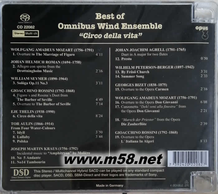 發(fā)燒古典瑰寶 BEST OF Omnibus Wind Ensemble Circo Della VITA奧姆尼布斯木管室內(nèi)樂(lè)團(tuán) - 馬戲團(tuán)生涯 SACD(瑞典OPUS 3 發(fā)燒工作室)專(zhuān)輯背面圖片