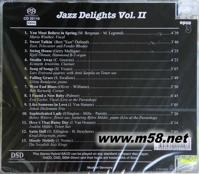 爵士樂趣 第二輯 JAZZ DELIGHTS VOL.II 發燒爵士樂(二)SACD(OPUS 3 發燒工作室)專輯背面圖片