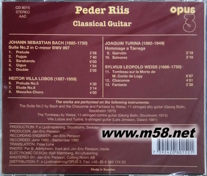 古典吉它 PEDER RIIS CLASSICAL GUITAR(瑞典OPUS 3 發燒工作室)專輯背面圖片