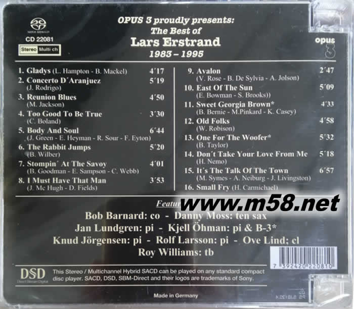 敲擊爵士王 Lars Erstrand Quartet - Swingcerely YOURS 鋼片琴 SACD (瑞典OPUS 3 發(fā)燒工作室)專輯背面圖片