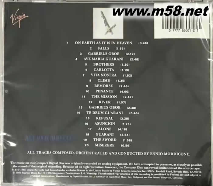 教會(huì) The Mission 顏尼歐 莫利克奈: 電影配樂(lè)CD專(zhuān)輯背面圖片