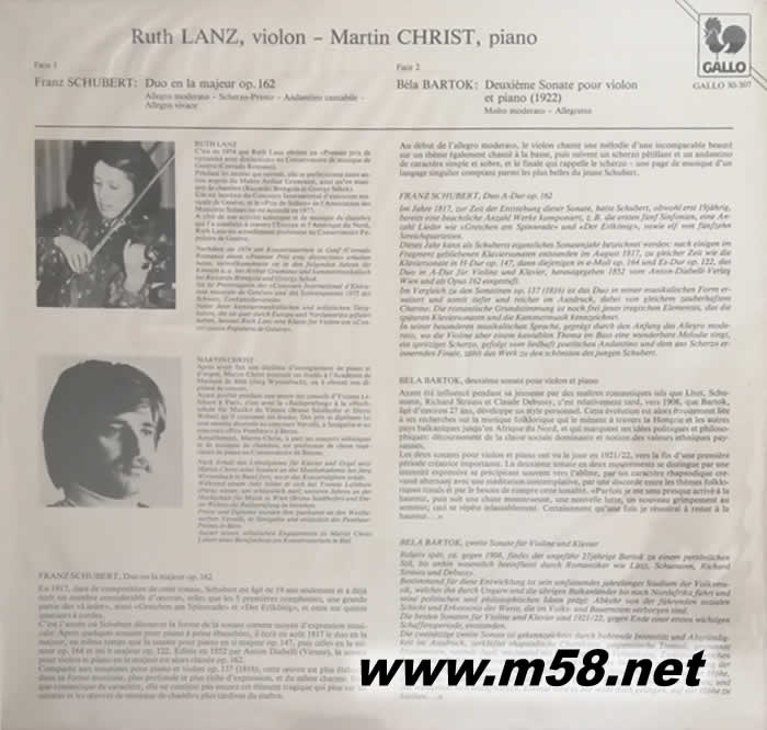 Ruth Lanz, 小提琴 Martin Christ, 鋼琴 Schubert: Duo Sonata in A Major, Op. 162 - Bartók: Violin Sonata No. 2 舒伯特: 小提琴奏鳴曲 黑膠專輯背面圖片